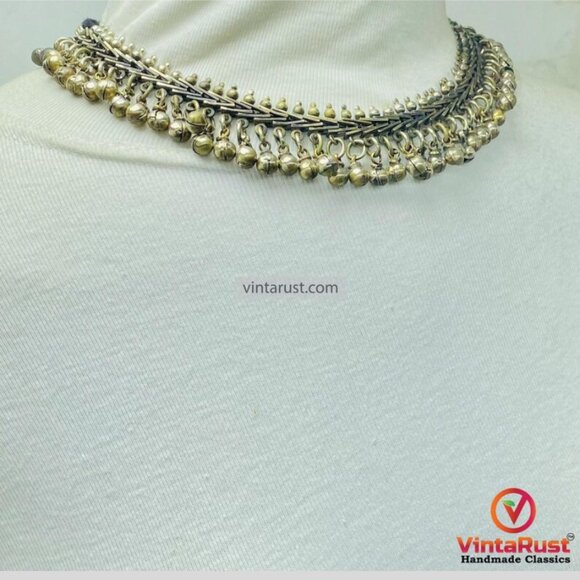 Vintage Statement Rustic Silver Choker Necklace: Handmade Kuchi Boho Jewelry - Picture 2 of 6